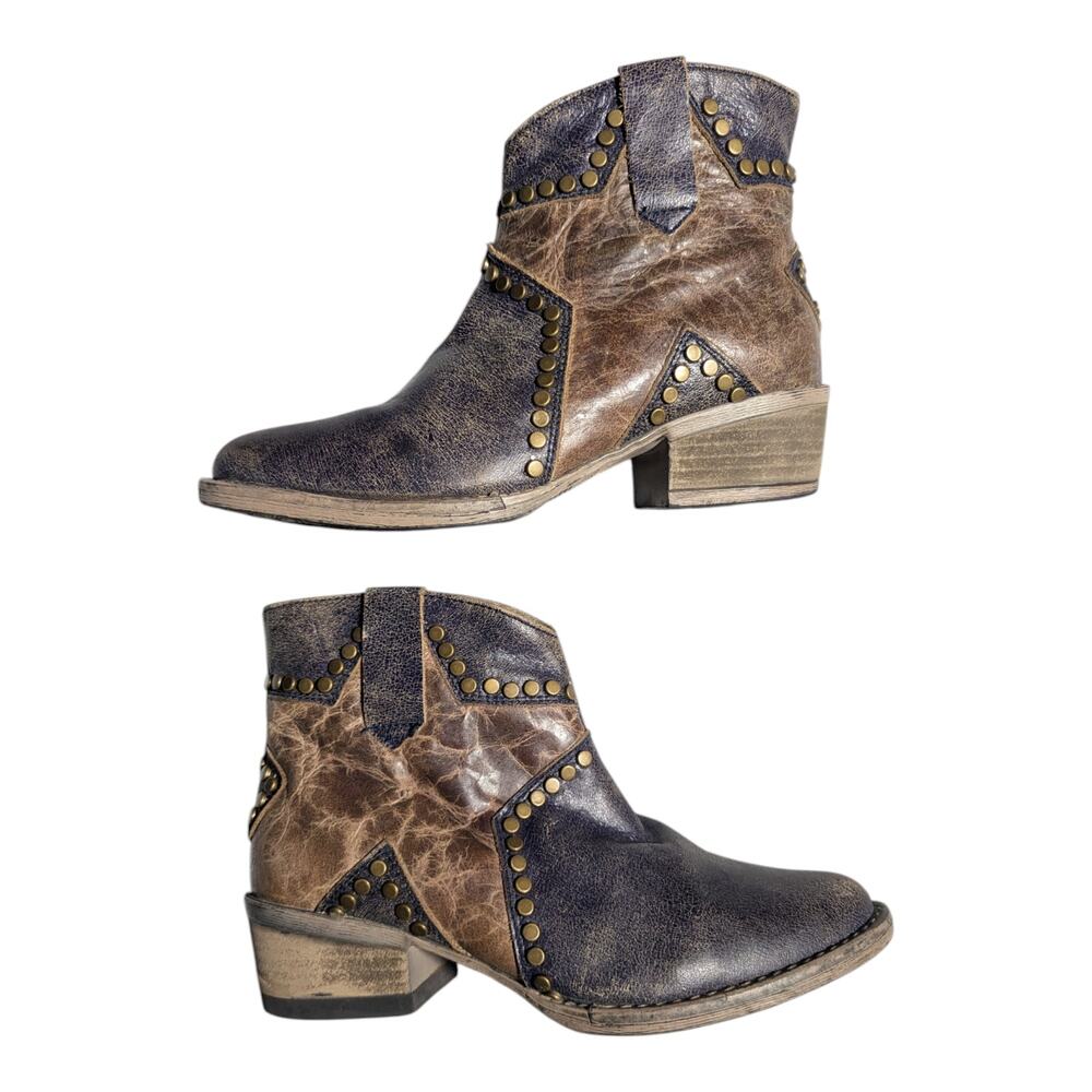 Circle G by Corral Blue Brown Leather Star Inlay Studded Western Ankle Boots 6